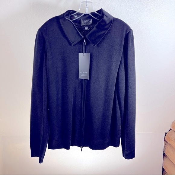 ST.JOHN ESSENTIALS for Nordstrom Black Zipper Front Santana Knit Sweater. Large - Picture 1 of 7